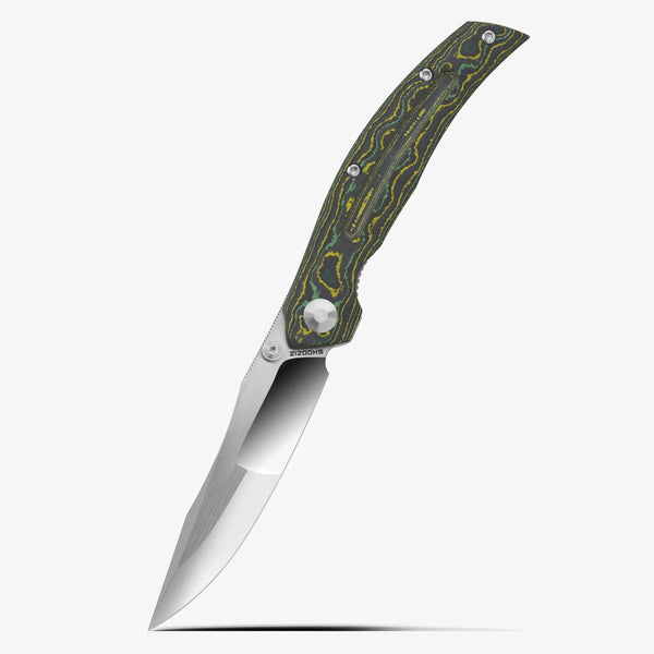 SHOOZIZ SERPENT-TiYCPH EDC knife, mirror-polished ELMAX steel blade, yellow carbon fiber and TC4 titanium handle.