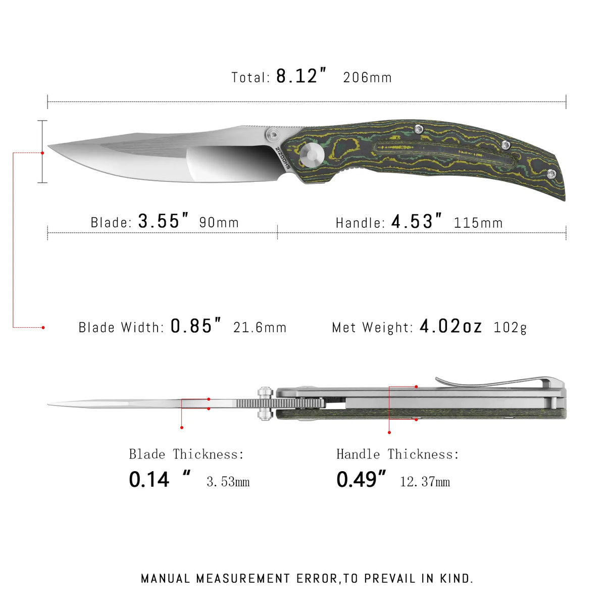 SHOOZIZ SERPENT-TiYCPH EDC knife dimensions, 206mm total length, 90mm blade, 115mm handle, 102g weight.