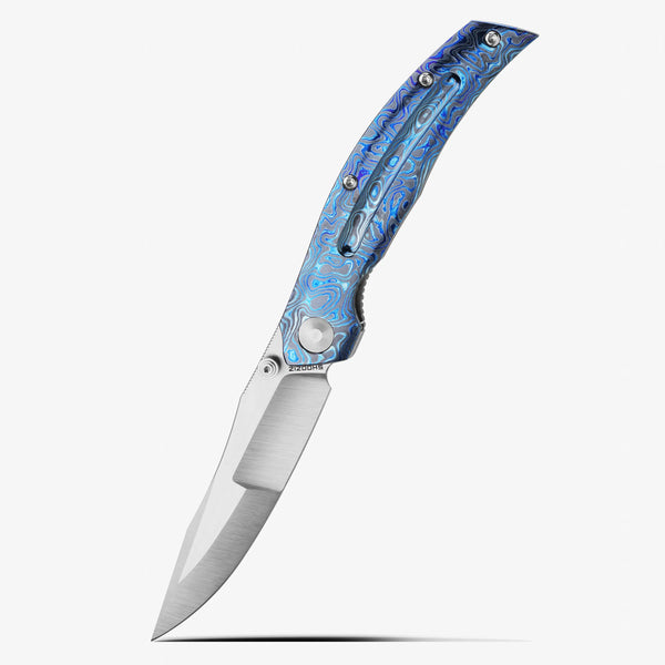 SHOOZIZ SERPENT-ZrTiAH EDC knife, vertical satin ELMAX steel blade, zirconium Damascus and TC4 titanium handle.