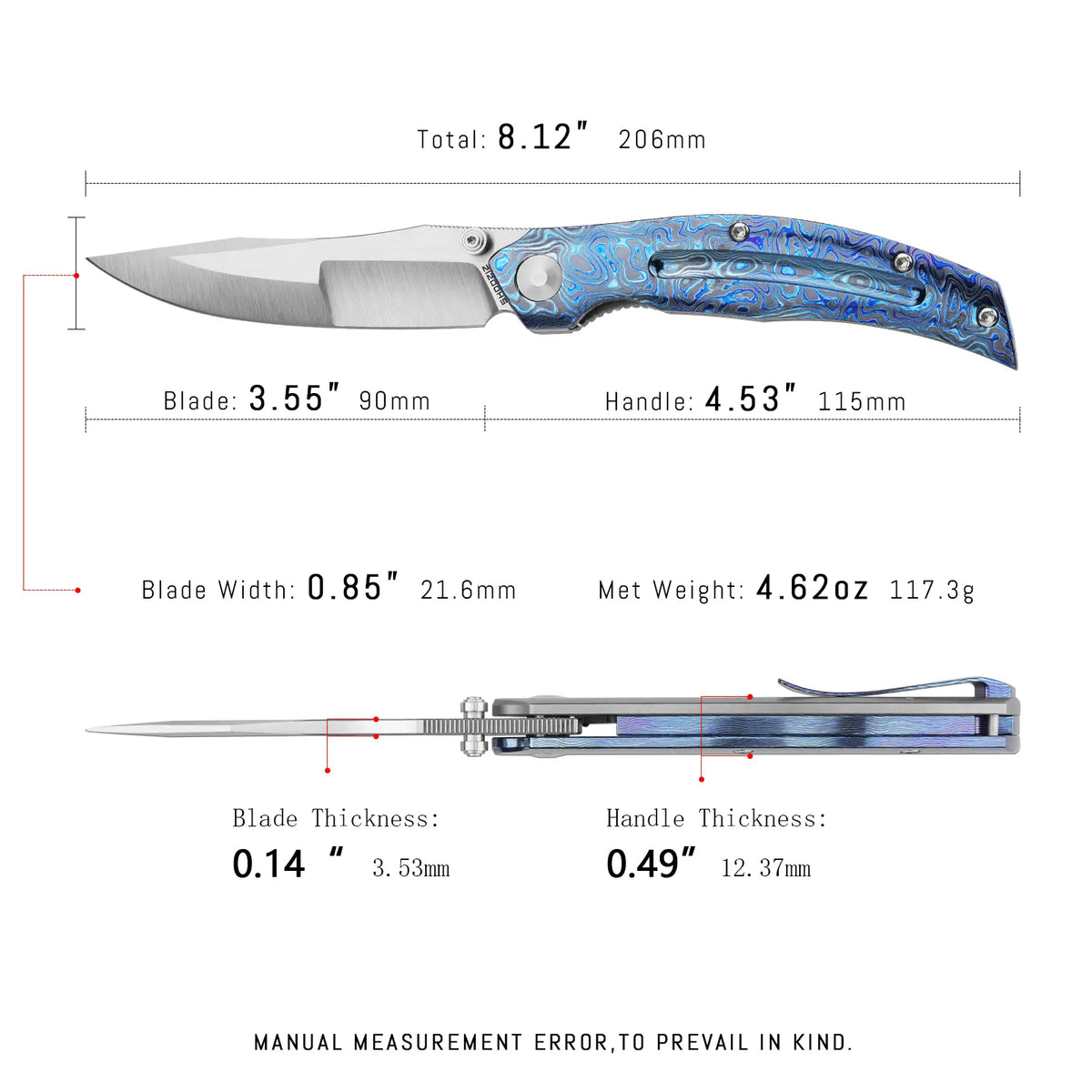 SHOOZIZ SERPENT-ZrTiAH EDC knife dimensions, 206mm total length, 90mm blade, 115mm handle, 117.3g weight.