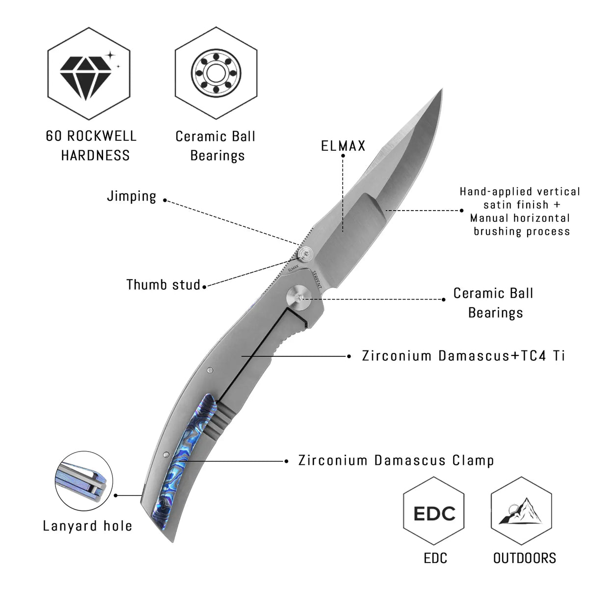 SHOOZIZ SERPENT-ZrTiAH design features, ELMAX steel vertical satin blade, zirconium Damascus and TC4 titanium handle, zirconium Damascus clip, 60 HRC.