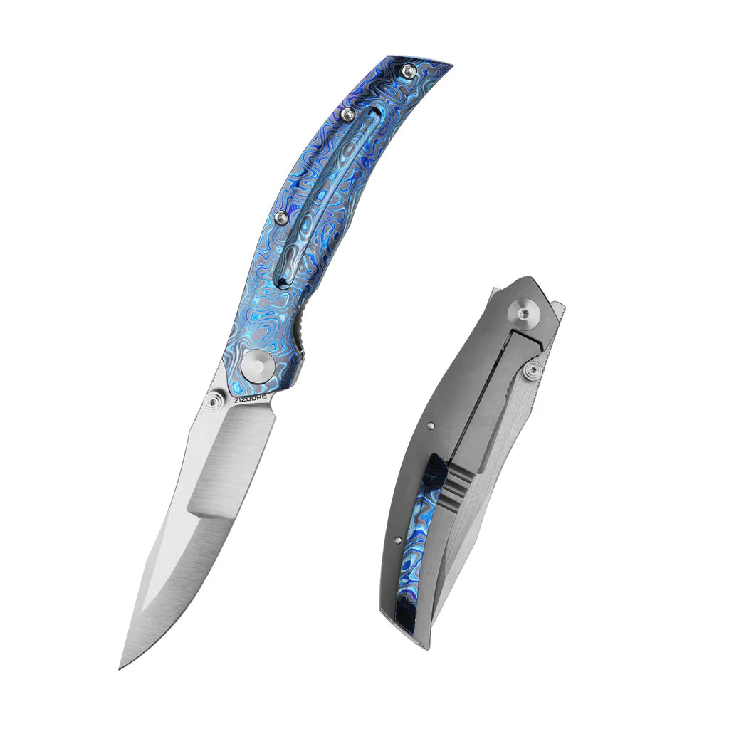 SHOOZIZ SERPENT-ZrTiAH folding knife, ELMAX steel vertical satin blade, zirconium Damascus and TC4 titanium handle, zirconium Damascus clip, frame lock.