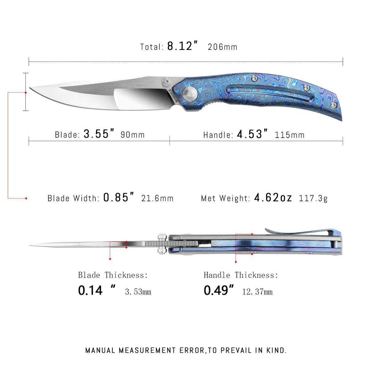 SHOOZIZ SERPENT-ZrTiPH EDC knife dimensions, 206mm total length, 90mm blade, 115mm handle, 117.3g weight.