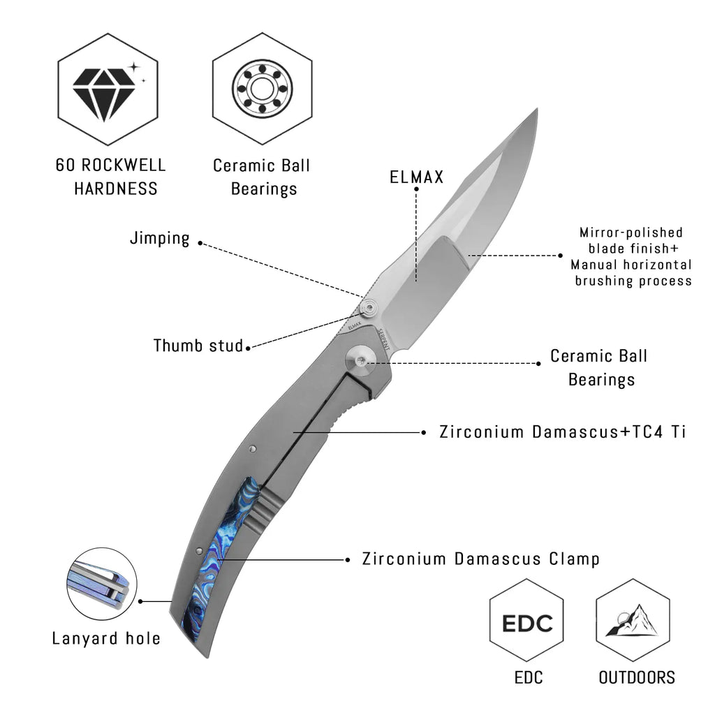 SHOOZIZ SERPENT-ZrTiPH design features, ELMAX steel mirror-polished blade, zirconium Damascus and TC4 titanium handle, zirconium Damascus clip, 60 HRC.