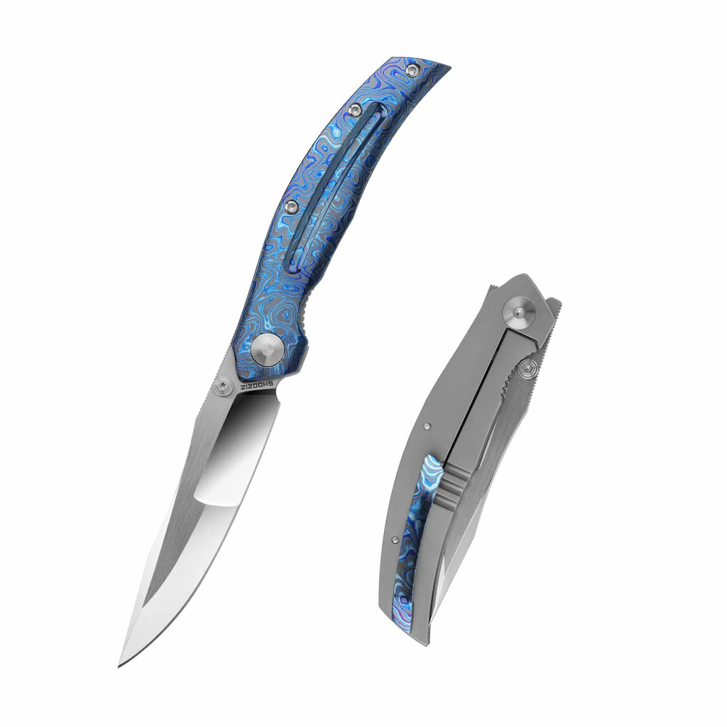 SHOOZIZ SERPENT-ZrTiPH folding knife, ELMAX steel mirror-polished blade, zirconium Damascus and TC4 titanium handle, zirconium Damascus clip, frame lock.