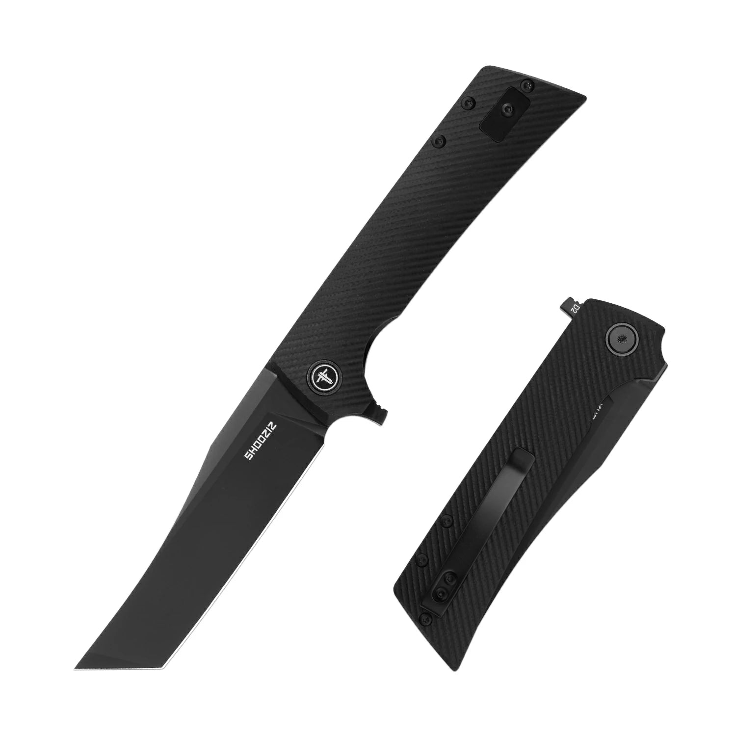 SHOOZIZ XUN112-BGB EDC folding knife, D2 steel blade with black PVD finish, black G10 handle, liner lock, all-black tactical design