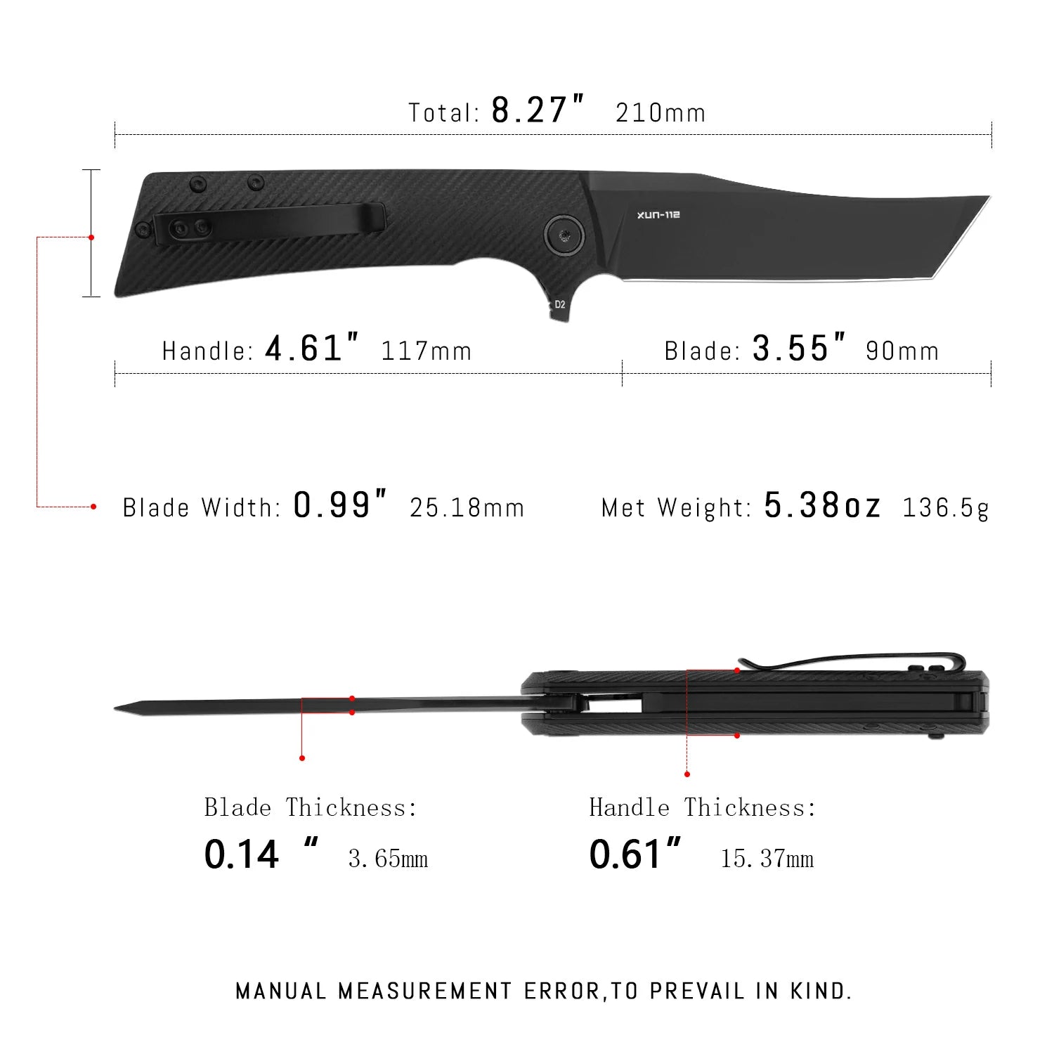 SHOOZIZ XUN112-BGB tactical pocket knife, black PVD D2 blade, black G10 handle, 7.72 inch overall, everyday carry