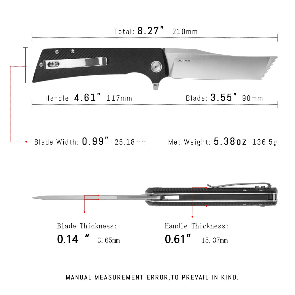 SHOOZIZ XUN112-BGS black G10 handle folding knife, satin D2 blade, liner lock, EDC, 3.39 inch blade