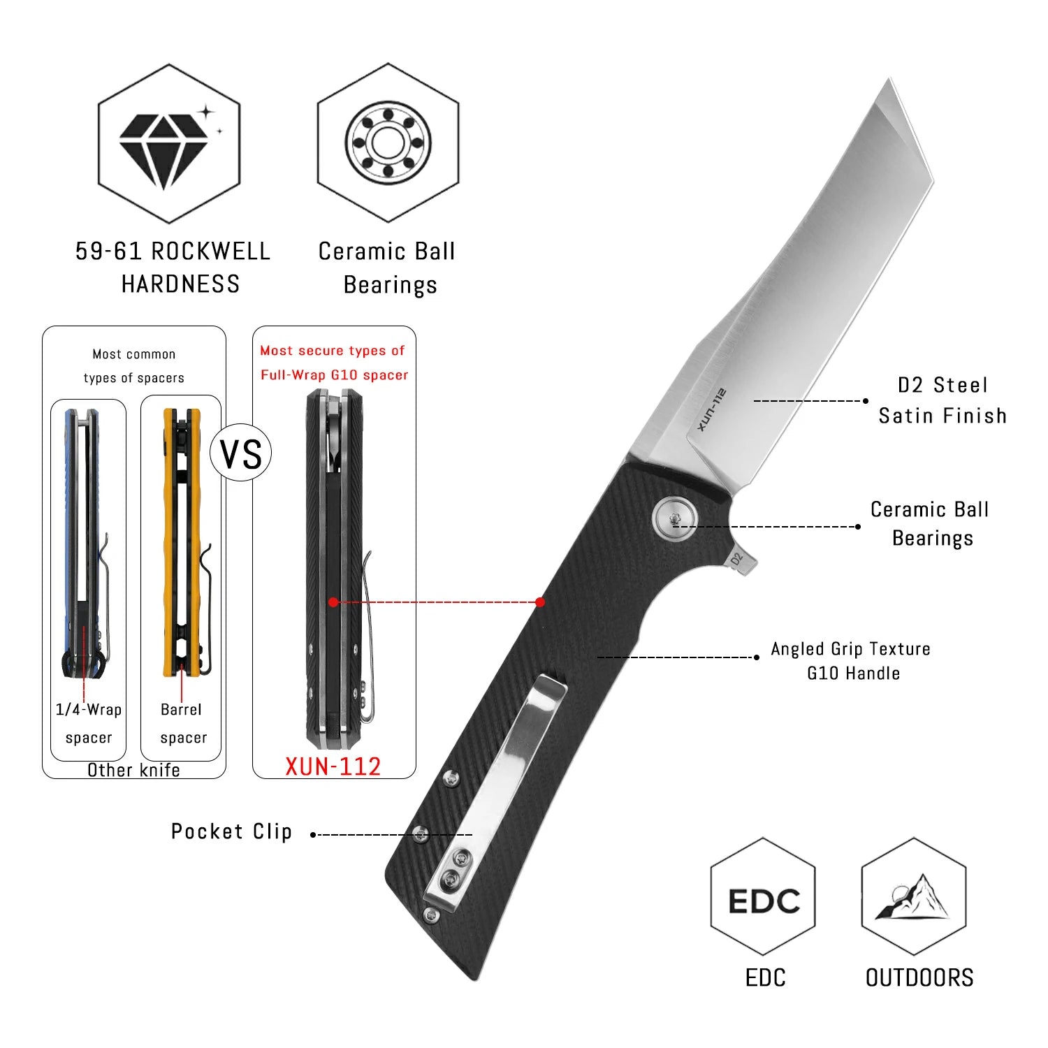 SHOOZIZ XUN112-BGS D2 steel blade folding knife, satin, black G10, liner lock, 3.68 oz