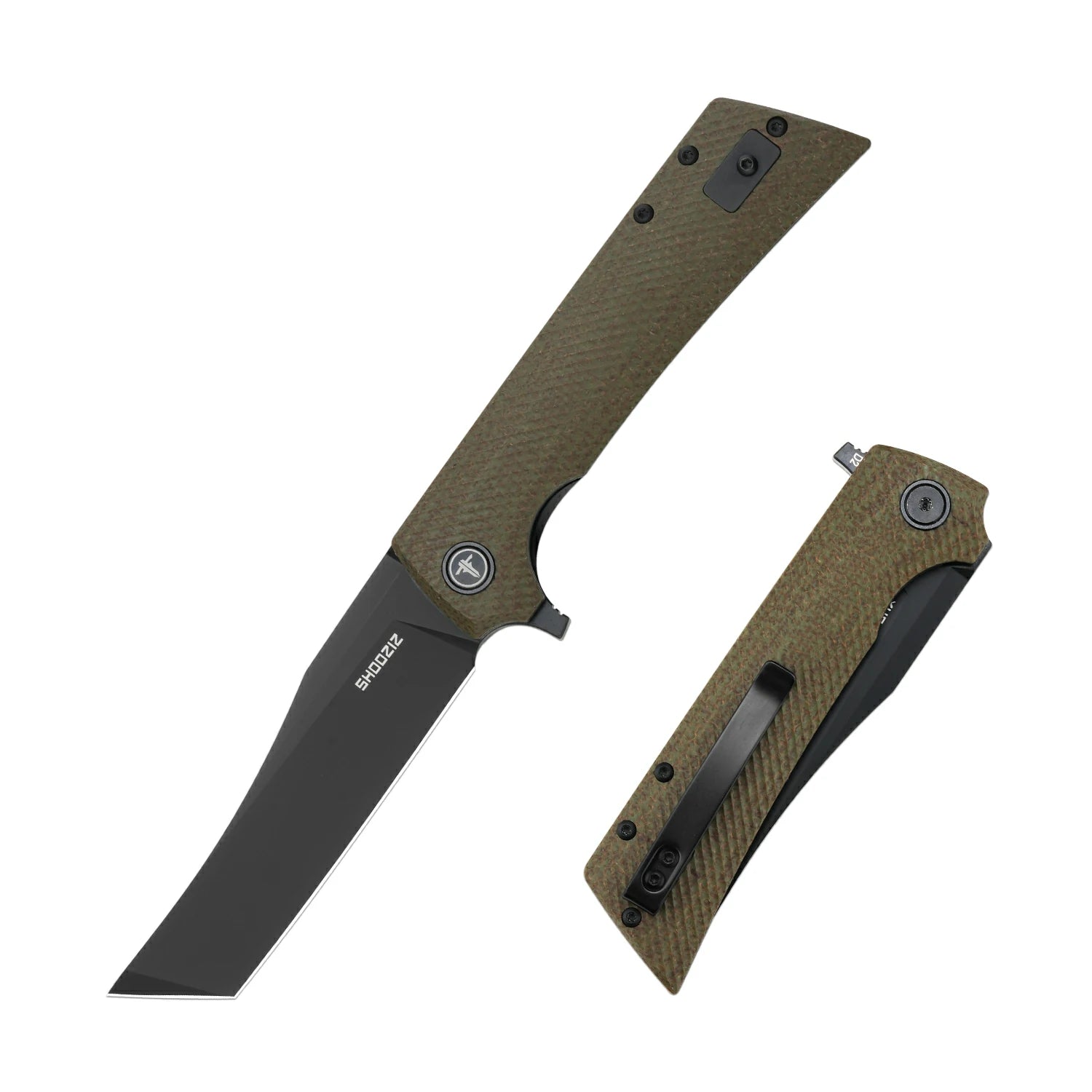 SHOOZIZ XUN112-GMB EDC folding knife, D2 steel blade with black PVD finish, green Micarta handle, liner lock, 3.39 inch blade