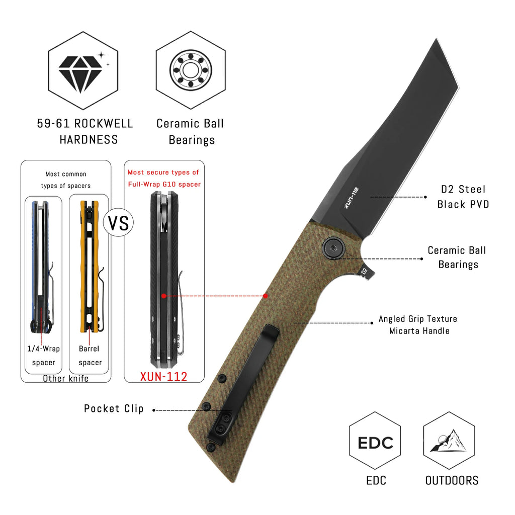 SHOOZIZ XUN112-GMB liner lock folder, D2 steel black PVD, green Micarta, ceramic bearing, 4.53 inch closed