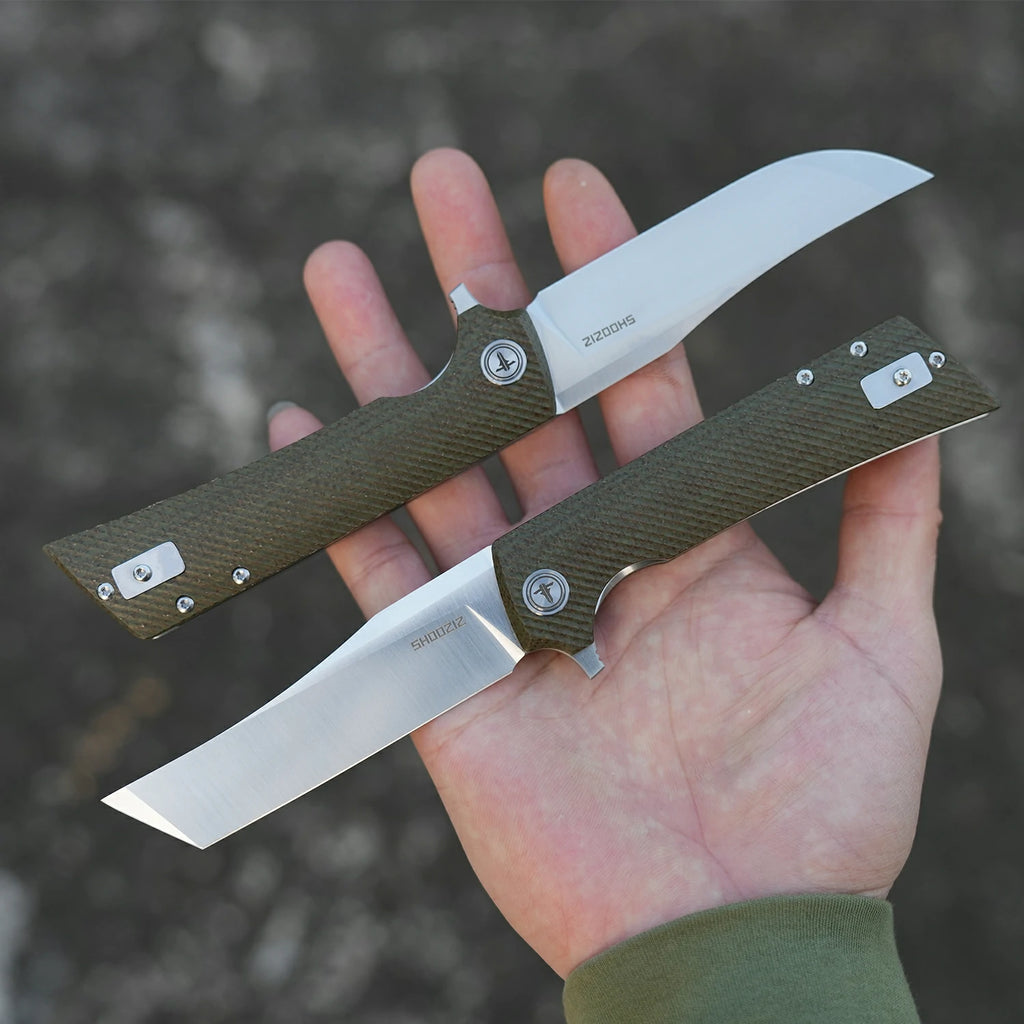 SHOOZIZ XUN112-GMS everyday carry knife, green Micarta handle, satin D2 blade, pocket clip, 58-59 HRC