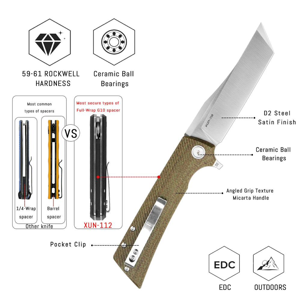 SHOOZIZ XUN112-GMS liner lock folder, D2 steel satin, green Micarta, ceramic bearing, 4.53 inch closed