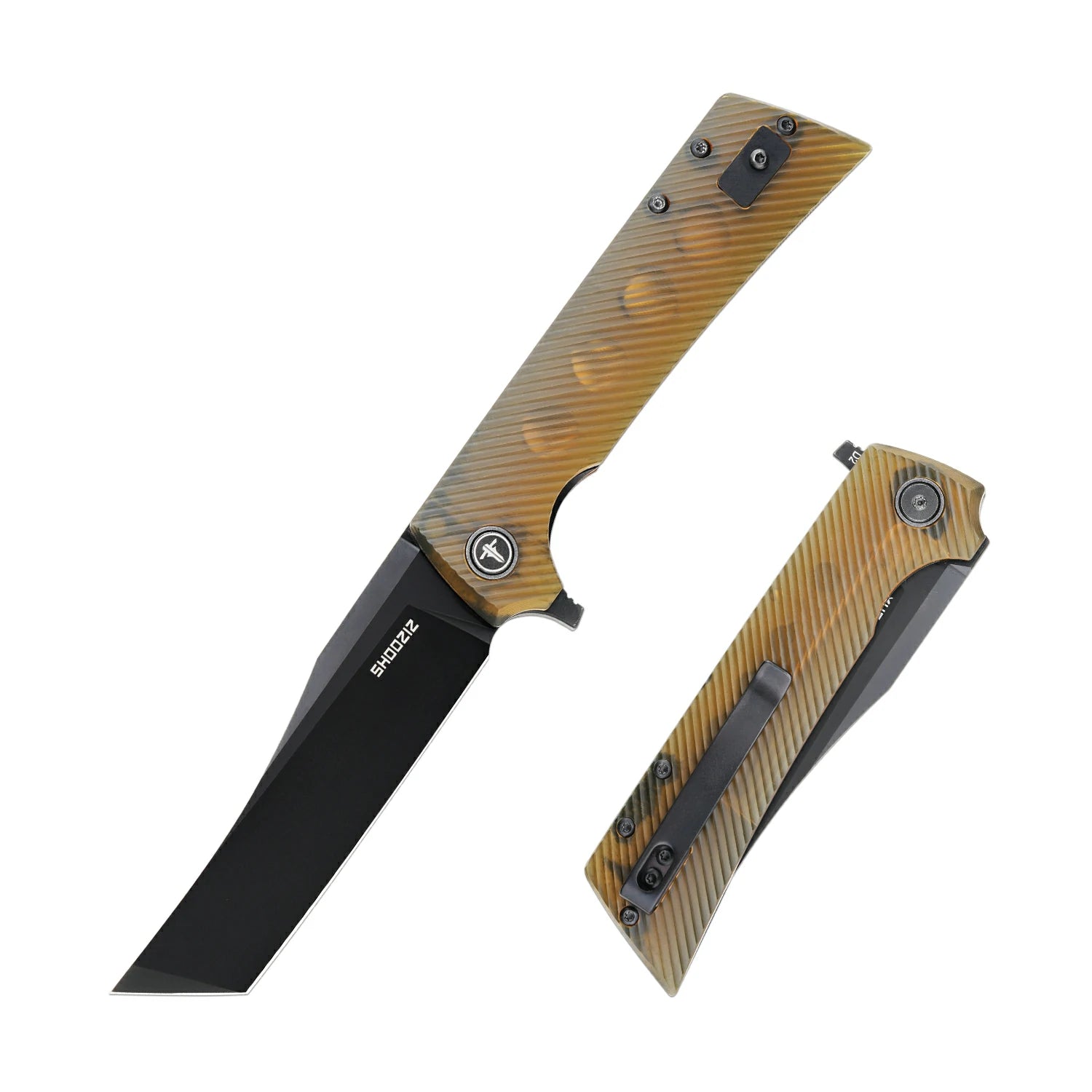 SHOOZIZ XUN112-JUB EDC folding knife, D2 steel blade with black PVD finish, translucent Ultem handle, liner lock, 3.39 inch blade