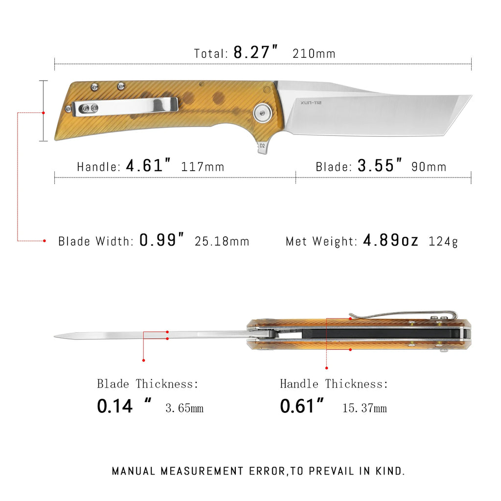 SHOOZIZ XUN112-JUS liner lock folder, D2 steel satin, Ultem, ceramic bearing, 4.53 inch closed