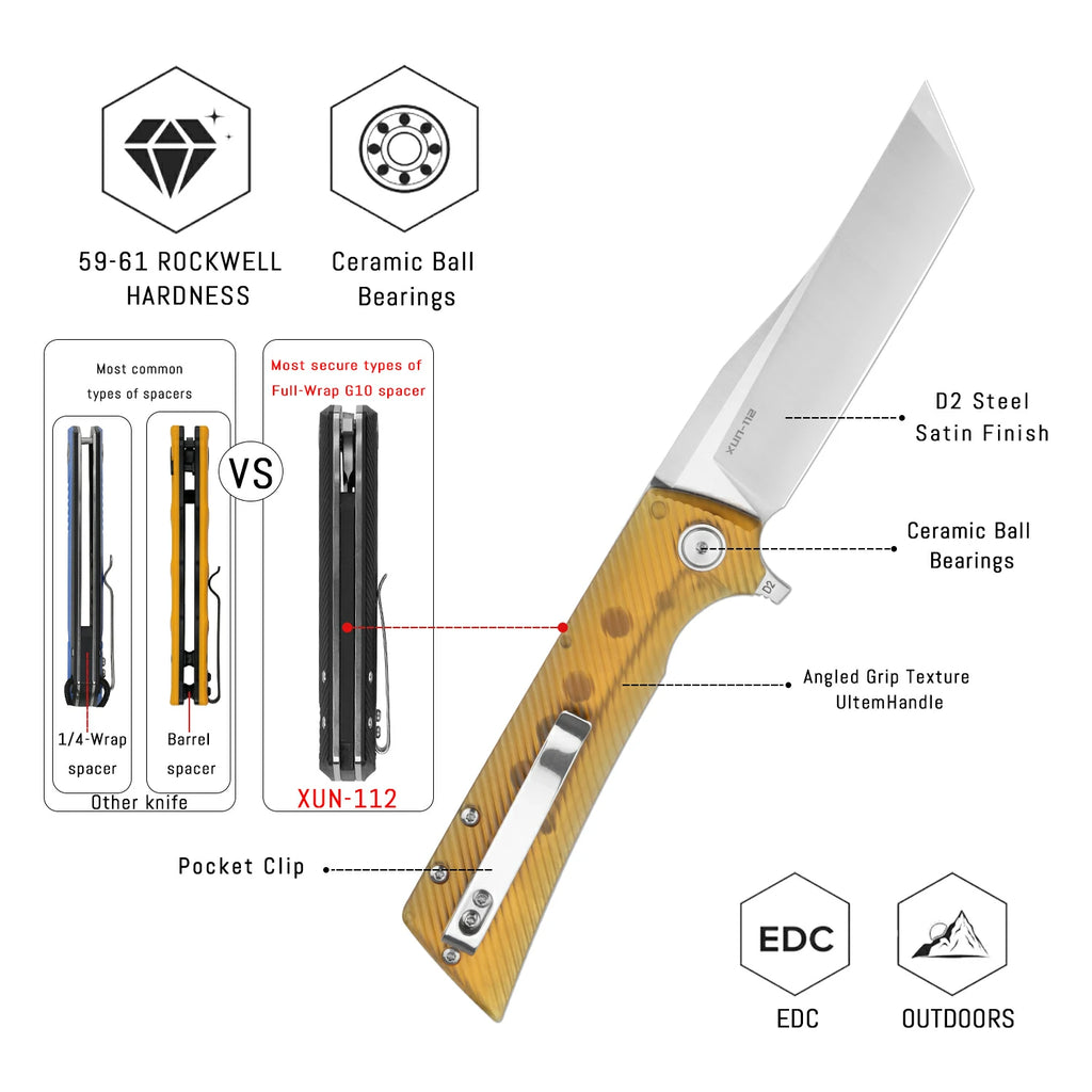 SHOOZIZ XUN112-JUS Ultem handle folding knife, satin D2 blade, liner lock, EDC, 3.39 inch blade