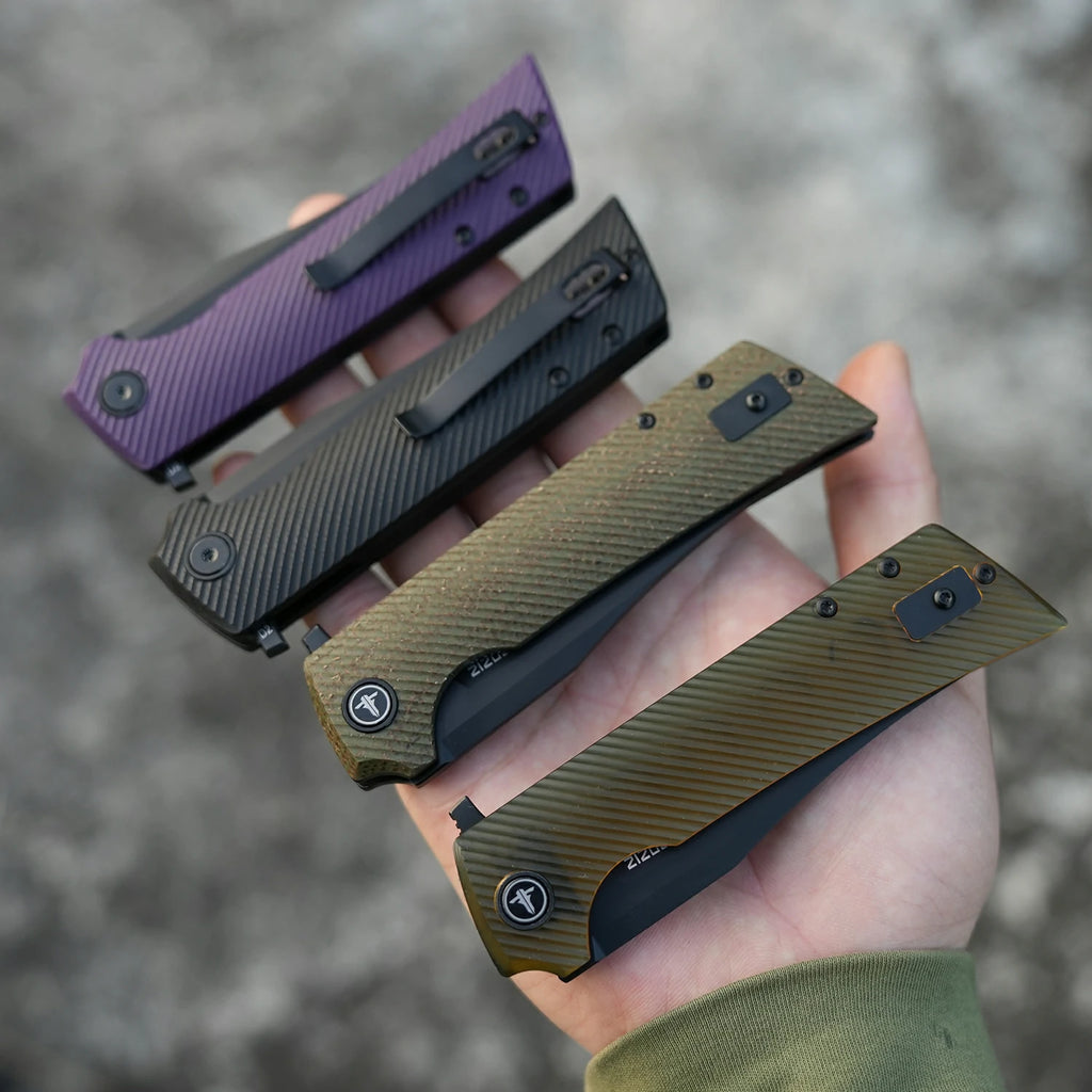 SHOOZIZ XUN112-PGB D2 steel blade folding knife, black PVD, purple G10, liner lock, 3.68 oz