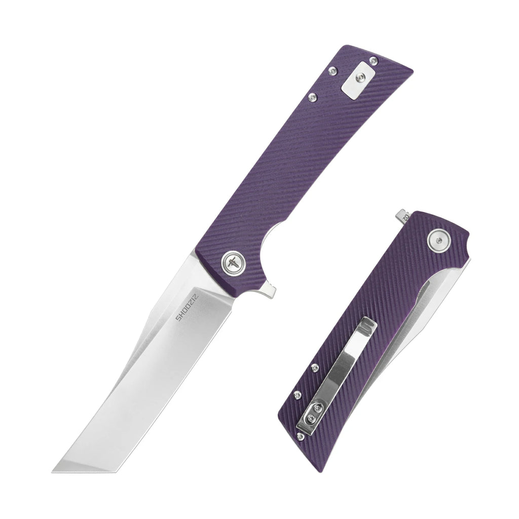 SHOOZIZ XUN112-PGS EDC folding knife, D2 steel blade with satin finish, purple G10 handle, liner lock, 3.39 inch blade