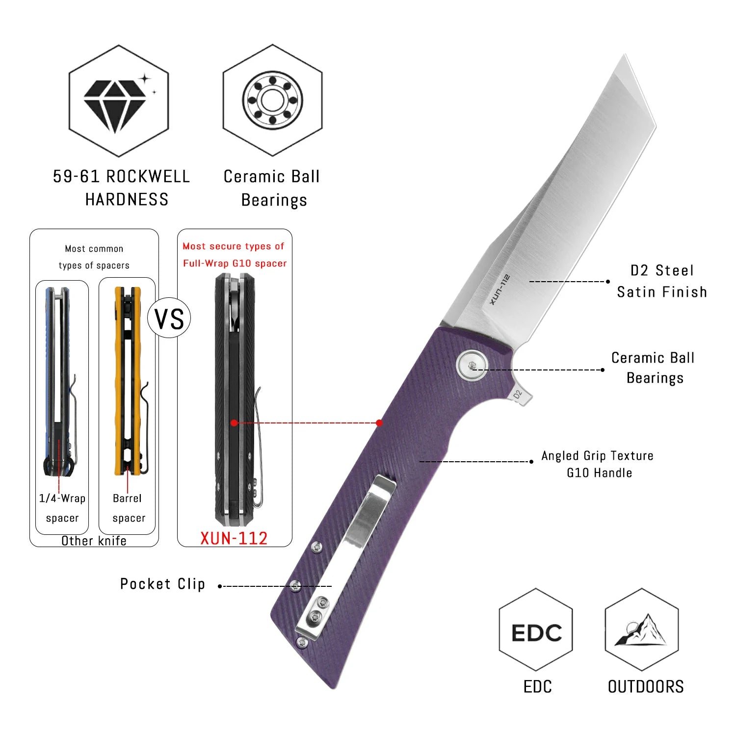 SHOOZIZ XUN112-PGS liner lock folder, D2 steel satin, purple G10, ceramic bearing, 4.53 inch closed
