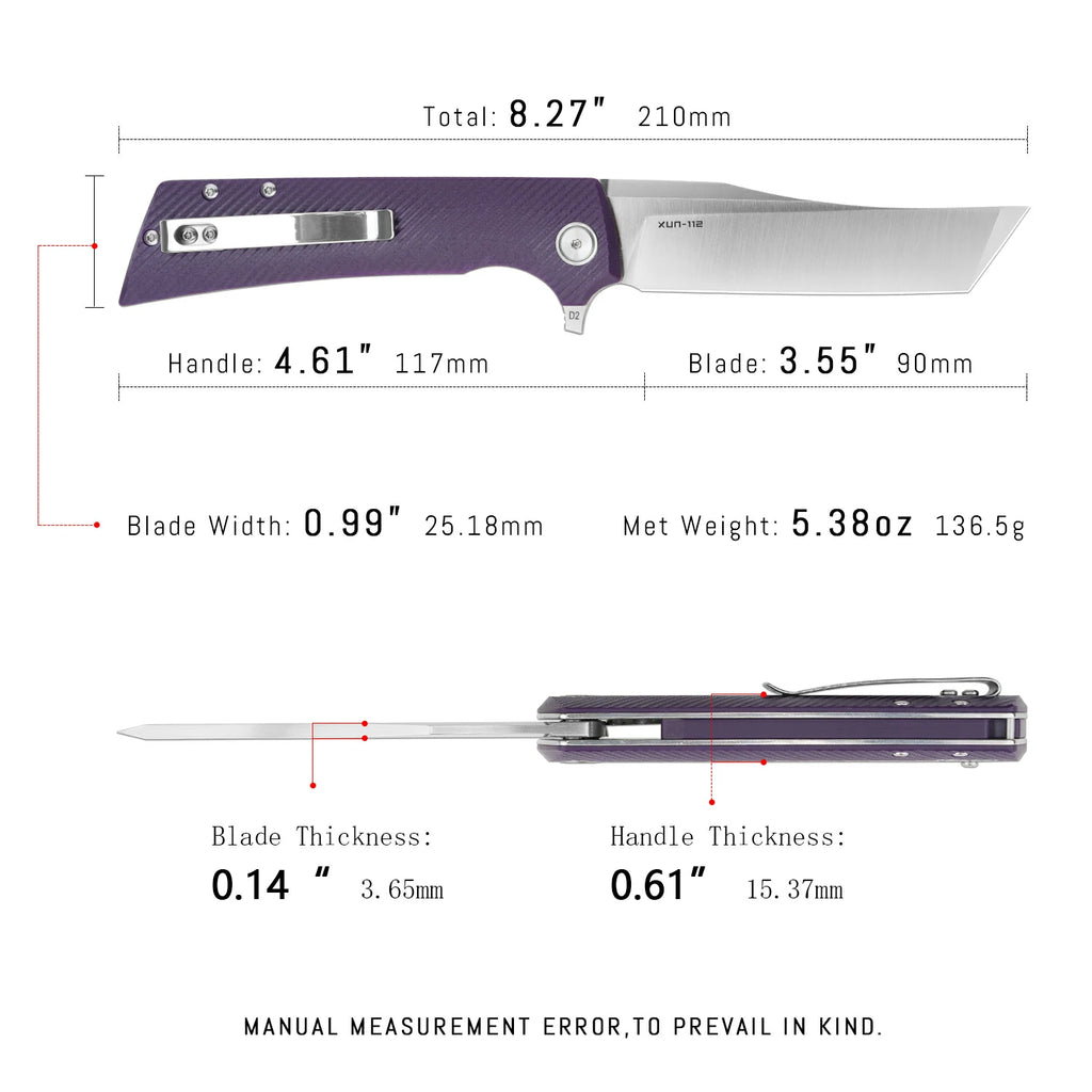 SHOOZIZ XUN112-PGS pocket knife, satin D2 blade, purple G10 handle, 7.72 inch overall, everyday carry