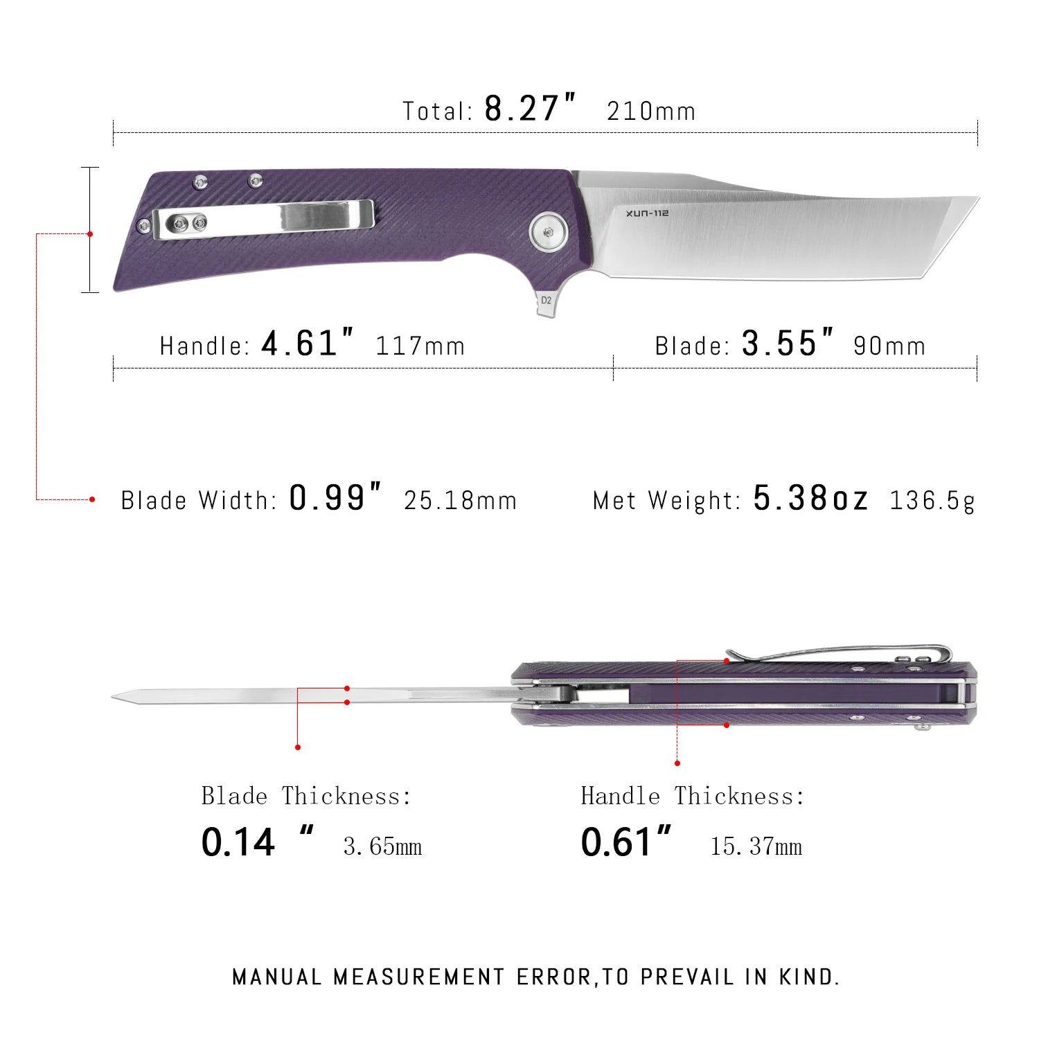 SHOOZIZ XUN112-PGS pocket knife, satin D2 blade, purple G10 handle, 7.72 inch overall, everyday carry