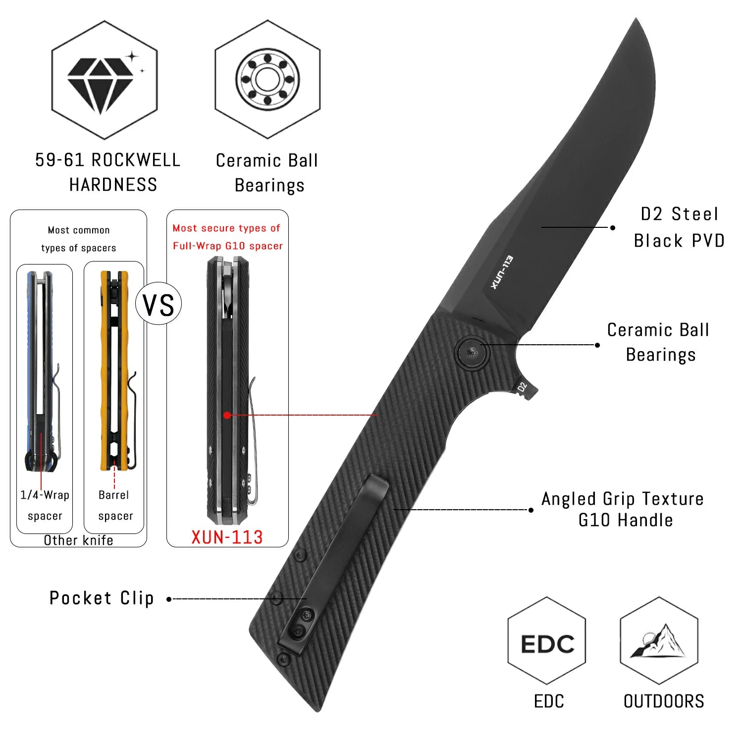 SHOOZIZ XUN113-BGB D2 steel blade folding knife, black PVD, black G10, liner lock, 3.68 oz