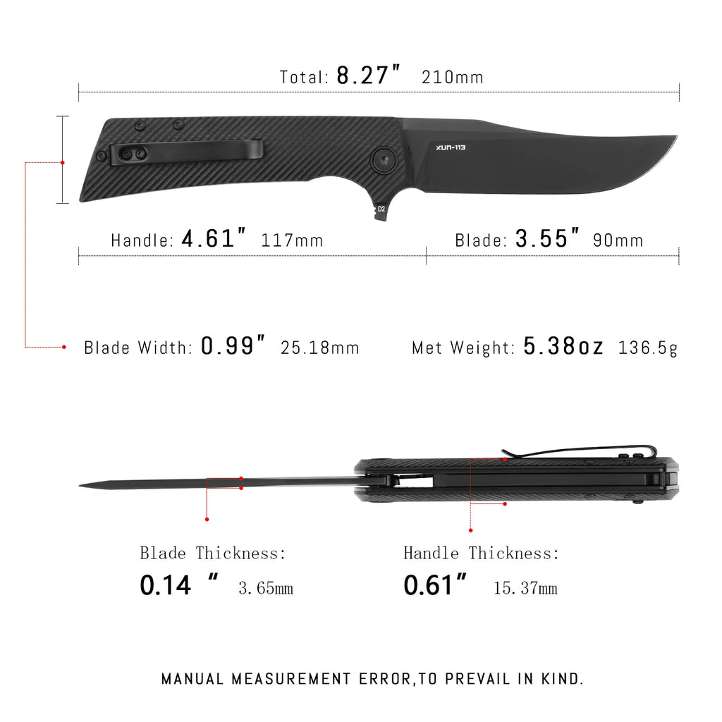 SHOOZIZ XUN113-BGB everyday carry knife, black G10 handle, black PVD D2 blade, pocket clip, 58-59 HRC