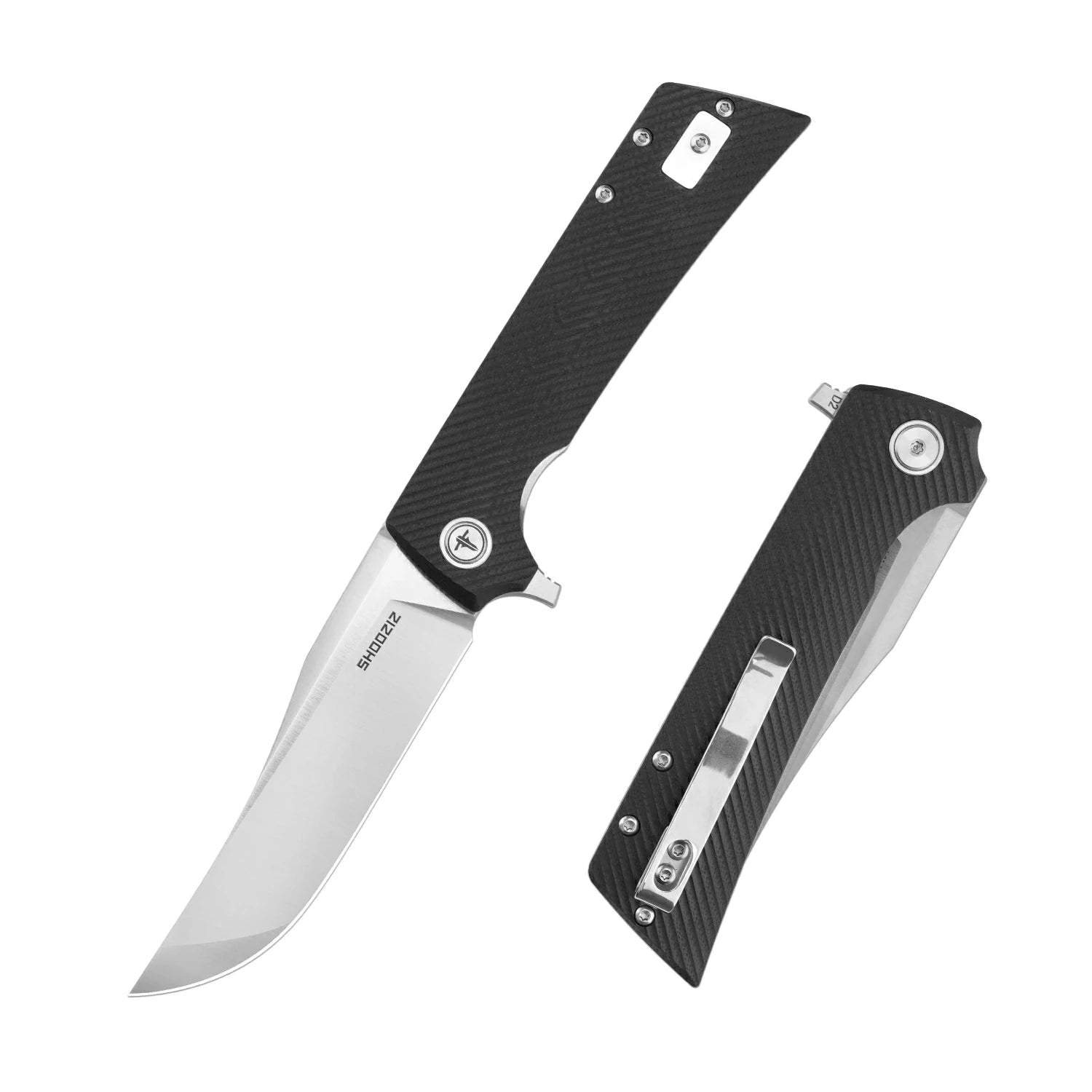 SHOOZIZ XUN113-BGS EDC folding knife, D2 steel blade with satin finish, black G10 handle, liner lock, 3.39 inch blade