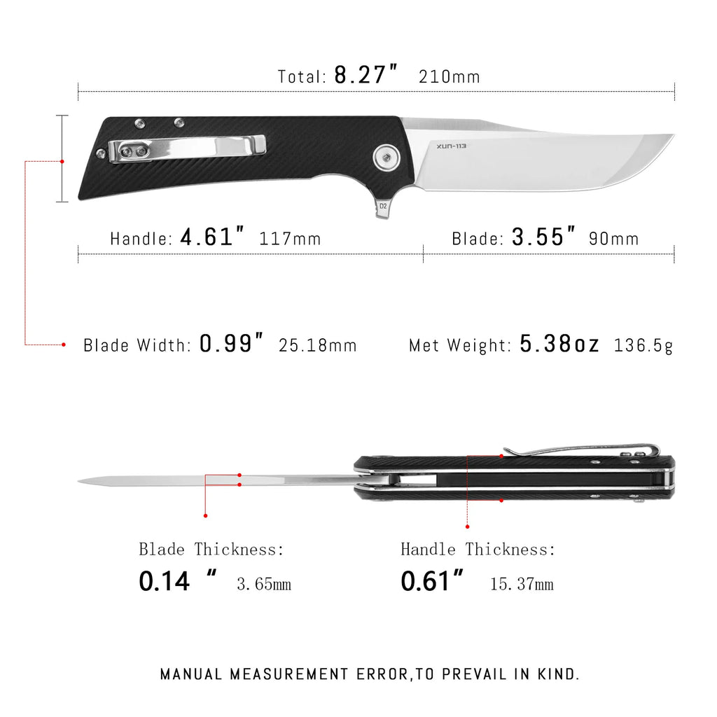 SHOOZIZ XUN113-BGS pocket knife, satin D2 blade, black G10 handle, 7.72 inch overall, everyday carry