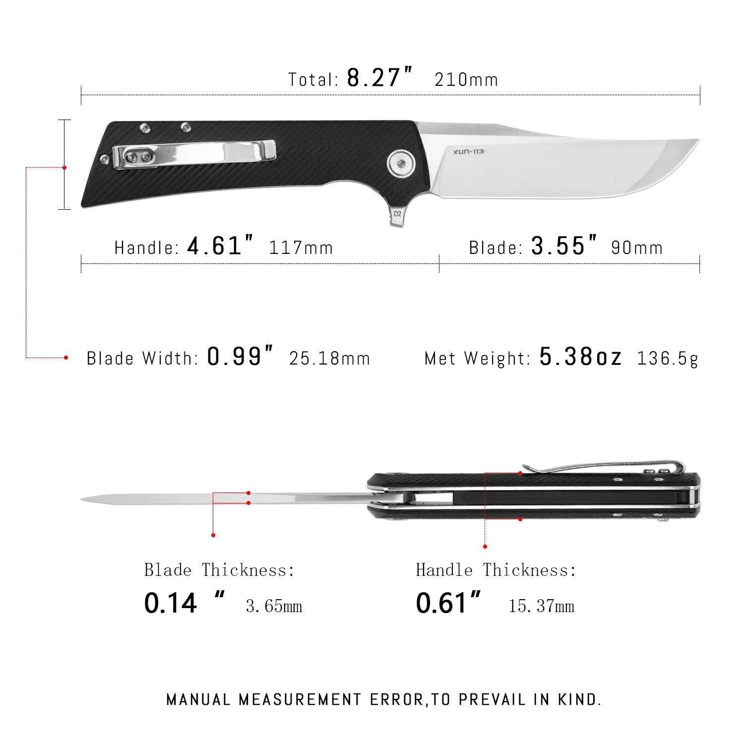 SHOOZIZ XUN113-BGS pocket knife, satin D2 blade, black G10 handle, 7.72 inch overall, everyday carry