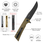 SHOOZIZ XUN113-GMB compact EDC folder, D2 steel, black PVD, green Micarta handle, pocket clip