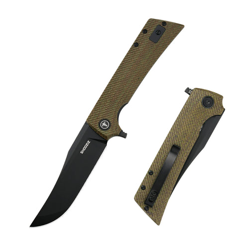 SHOOZIZ XUN113-GMB EDC folding knife, D2 steel blade with black PVD finish, green Micarta handle, liner lock, 3.39 inch blade