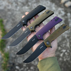 SHOOZIZ XUN113-GMB green Micarta handle folding knife, black PVD D2 blade, liner lock, EDC, 3.39 inch blade