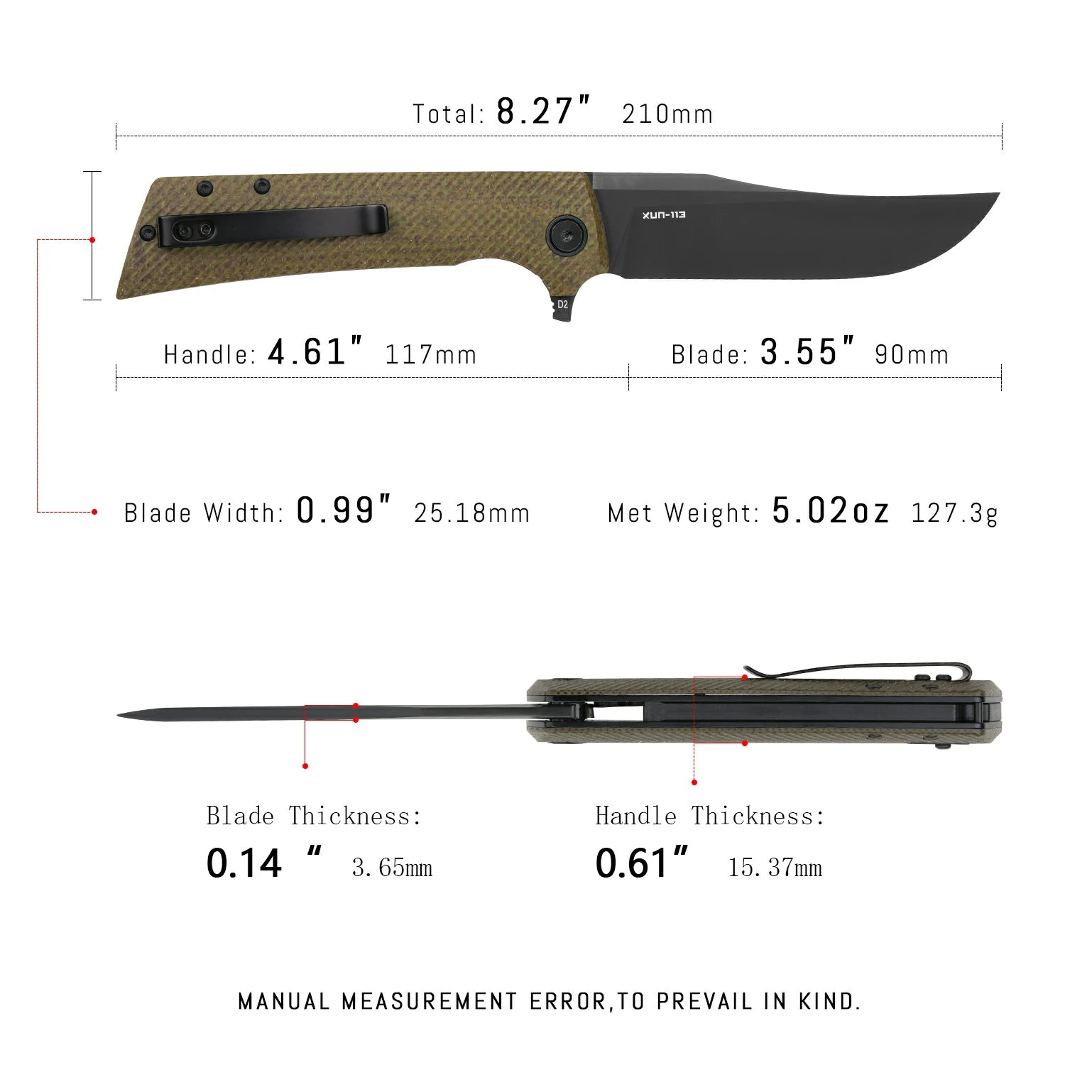 SHOOZIZ XUN113-GMB tactical pocket knife, black PVD D2 blade, green Micarta scales, 7.72 inch overall, EDC