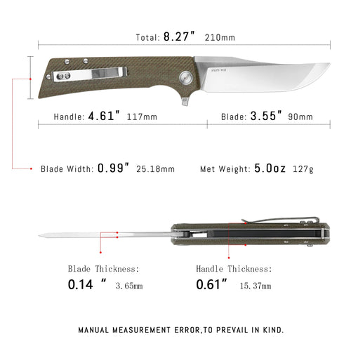 SHOOZIZ XUN113-GMS everyday carry knife, green Micarta handle, satin D2 blade, pocket clip, 58-59 HRC