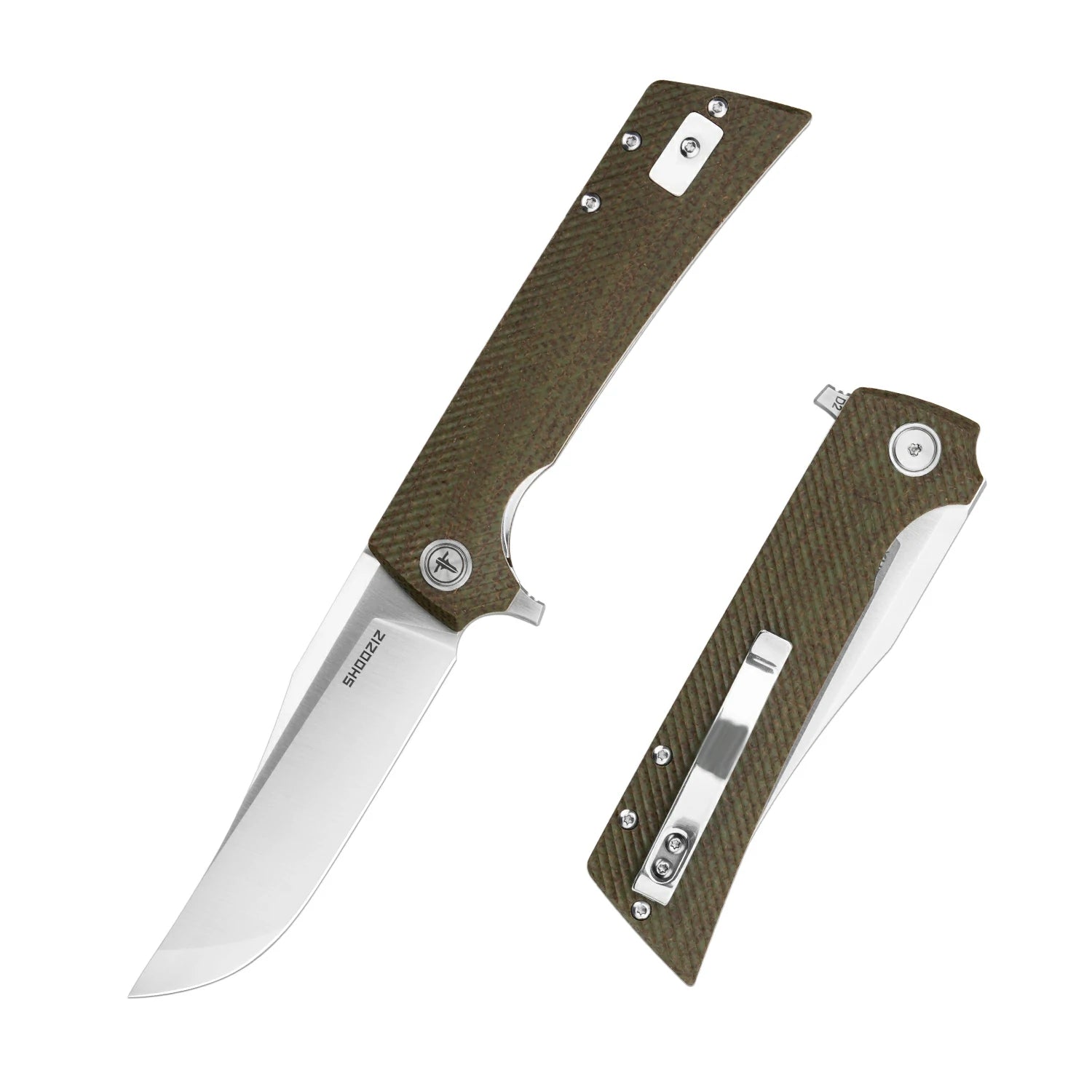SHOOZIZ XUN113-GMS liner lock folder, D2 steel satin, green Micarta, ceramic bearing, 4.53 inch closed