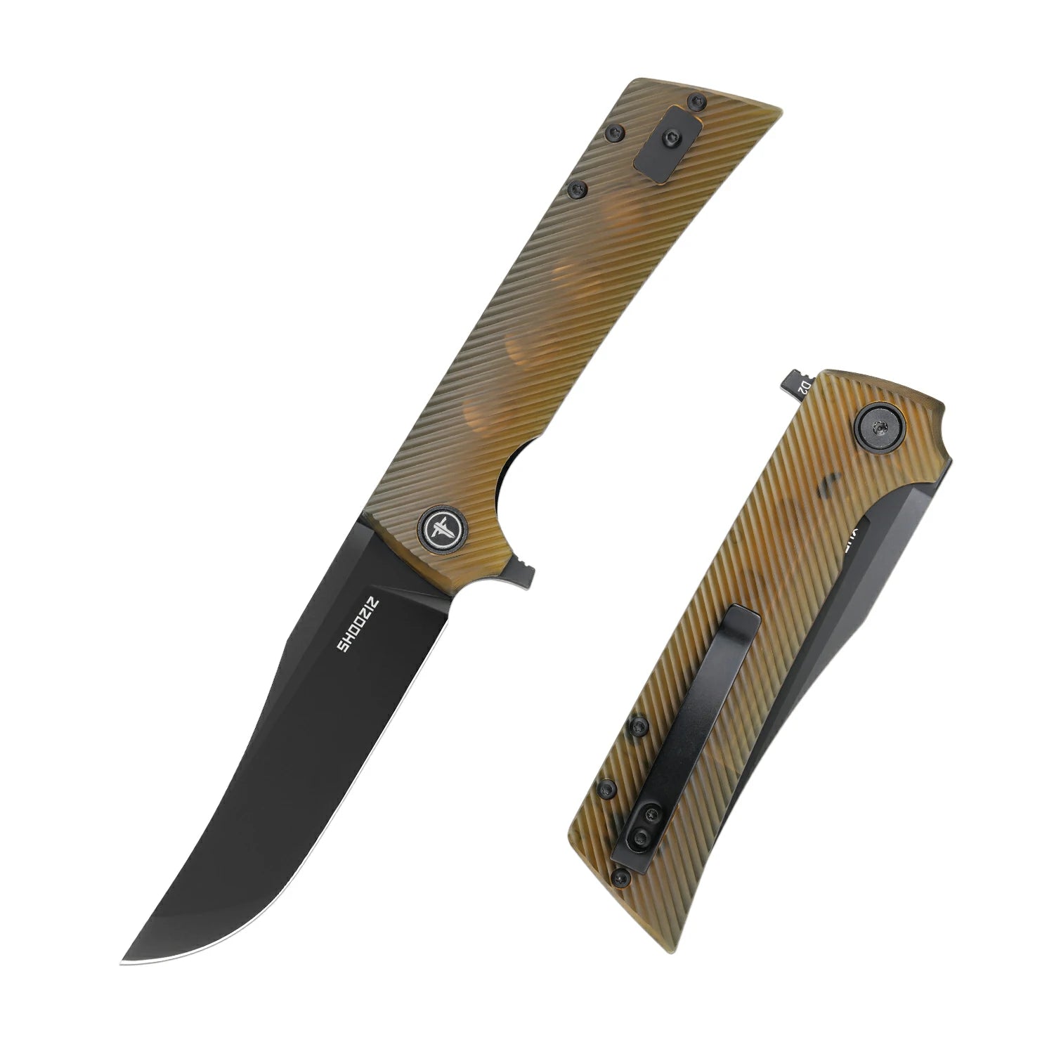 SHOOZIZ XUN113-JUB EDC folding knife, D2 steel blade with black PVD finish, translucent Ultem handle, liner lock, 3.39 inch blade