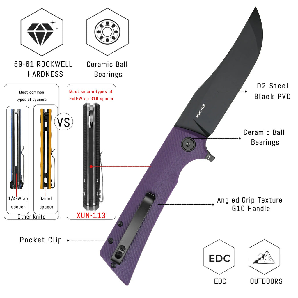 SHOOZIZ XUN113-PGB everyday carry knife, purple G10 handle, black PVD D2 blade, pocket clip, 58-59 HRC