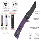 SHOOZIZ XUN113-PGB everyday carry knife, purple G10 handle, black PVD D2 blade, pocket clip, 58-59 HRC