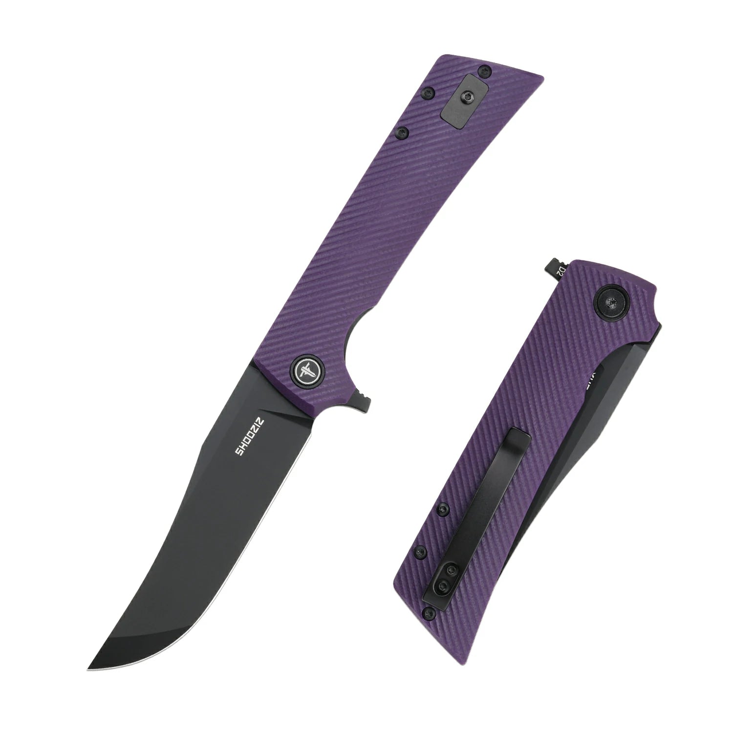 SHOOZIZ XUN113-PGB tactical pocket knife, black PVD D2 blade, purple G10 scales, 7.72 inch overall, EDC