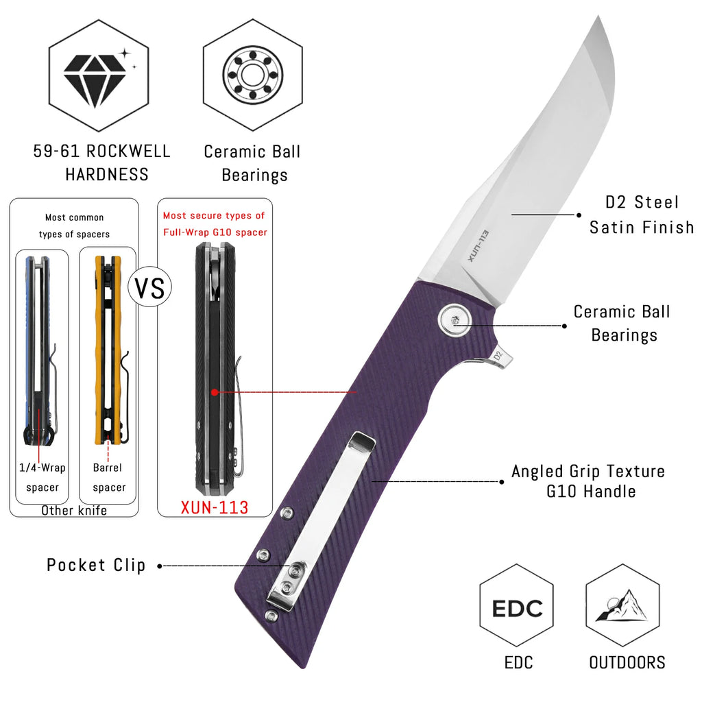 SHOOZIZ XUN113-PGS liner lock folder, D2 steel satin, purple G10, ceramic bearing, 4.53 inch closed