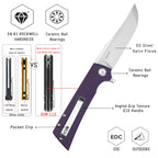 SHOOZIZ XUN113-PGS liner lock folder, D2 steel satin, purple G10, ceramic bearing, 4.53 inch closed