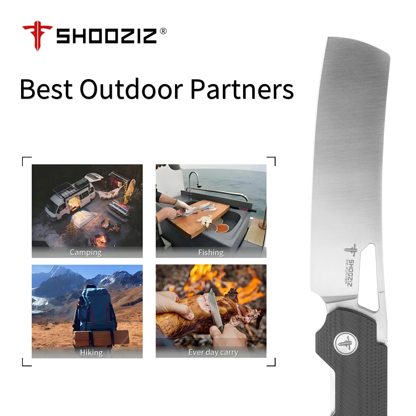 SHOOZIZ XUN119A-BGS everyday carry knife, black G10 handle, satin D2 blade, pocket clip, 59-61 HRC