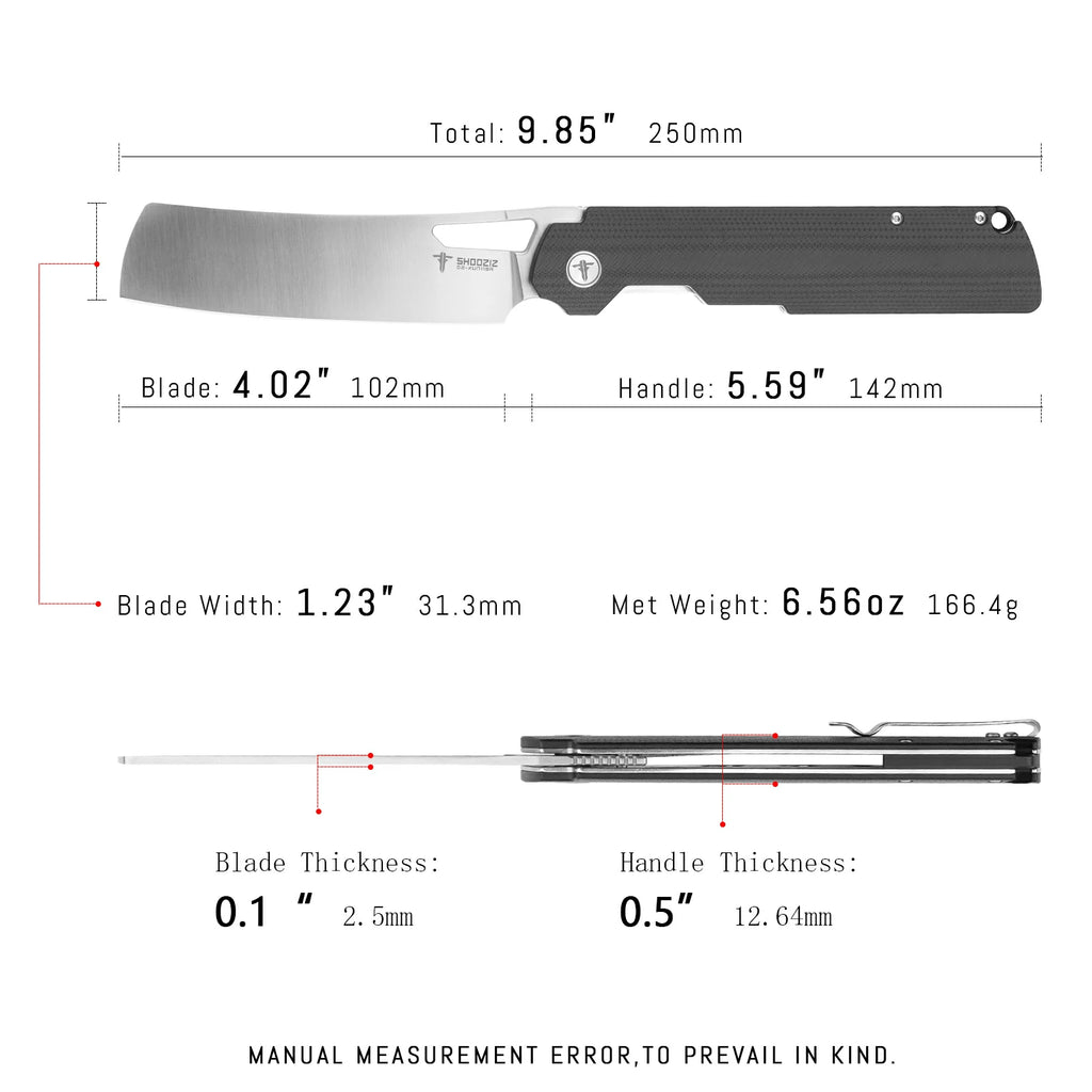 SHOOZIZ XUN119A-BGS pocket knife, satin D2 blade, black G10 handle, 9.86 inch overall length, everyday carry
