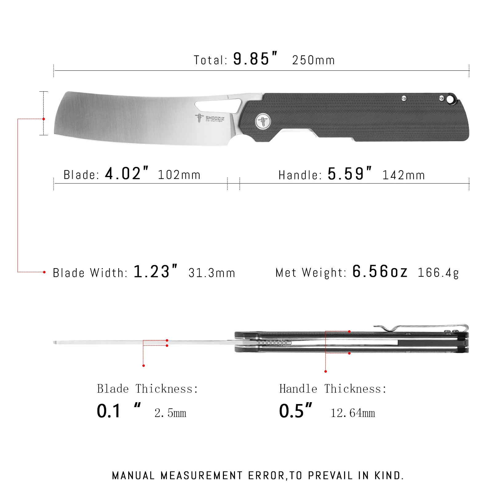 SHOOZIZ XUN119A-BGS pocket knife, satin D2 blade, black G10 handle, 9.86 inch overall length, everyday carry