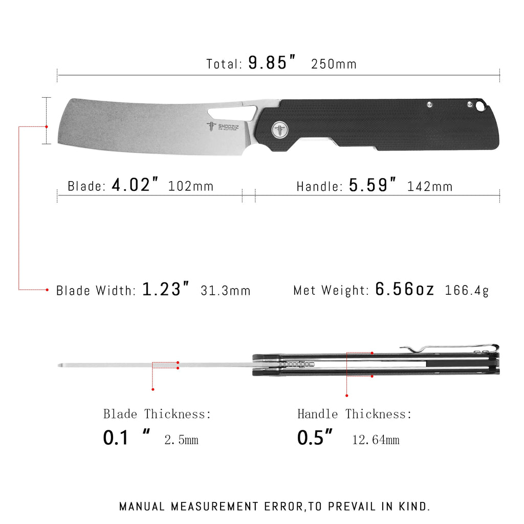 SHOOZIZ XUN119A-BGSt black G10 handle folding knife, stonewashed D2 blade, liner lock, large EDC, 3.98 inch blade
