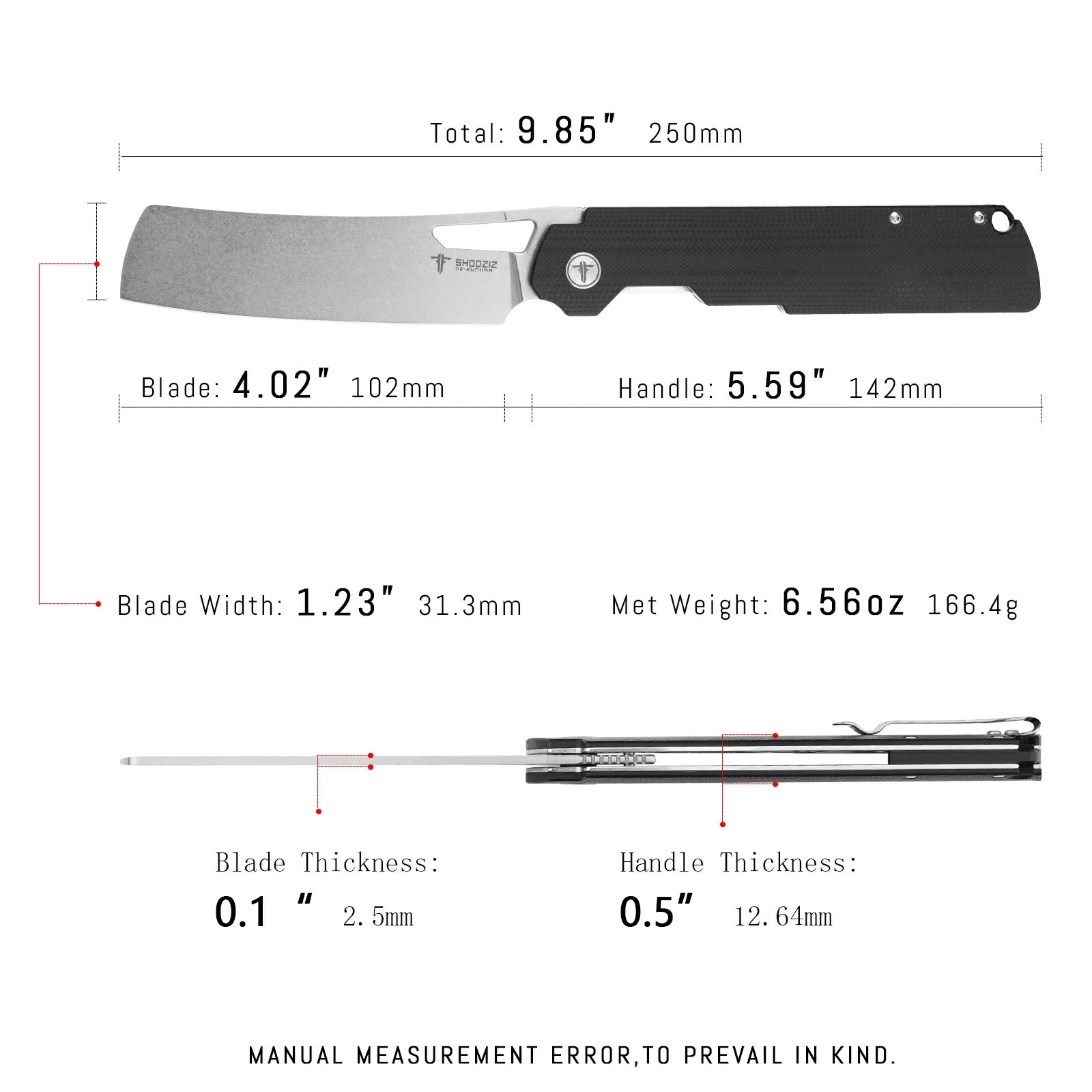 SHOOZIZ XUN119A-BGSt black G10 handle folding knife, stonewashed D2 blade, liner lock, large EDC, 3.98 inch blade
