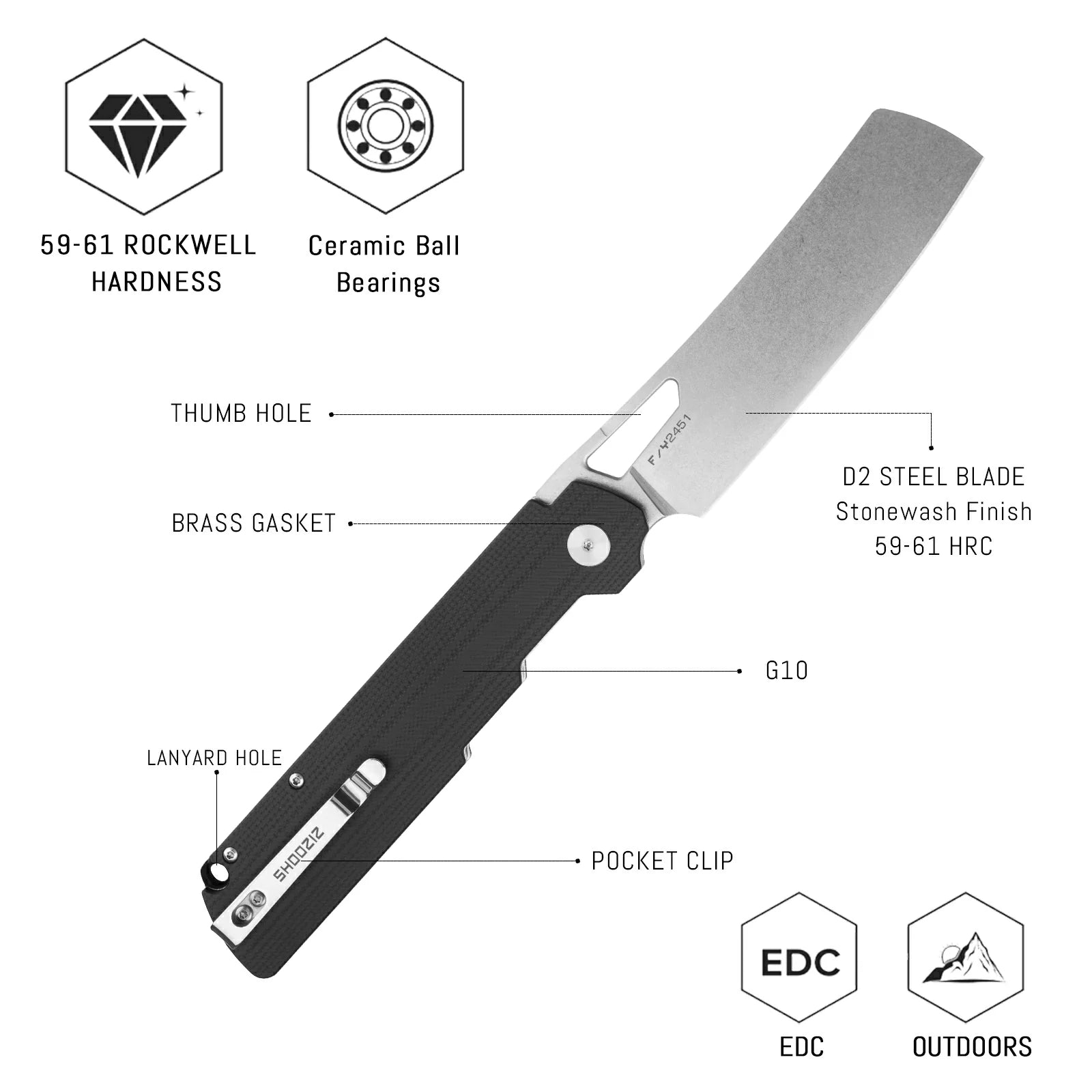 SHOOZIZ XUN119A-BGSt D2 steel blade folding knife, stonewashed, black G10, liner lock, 6.39 oz