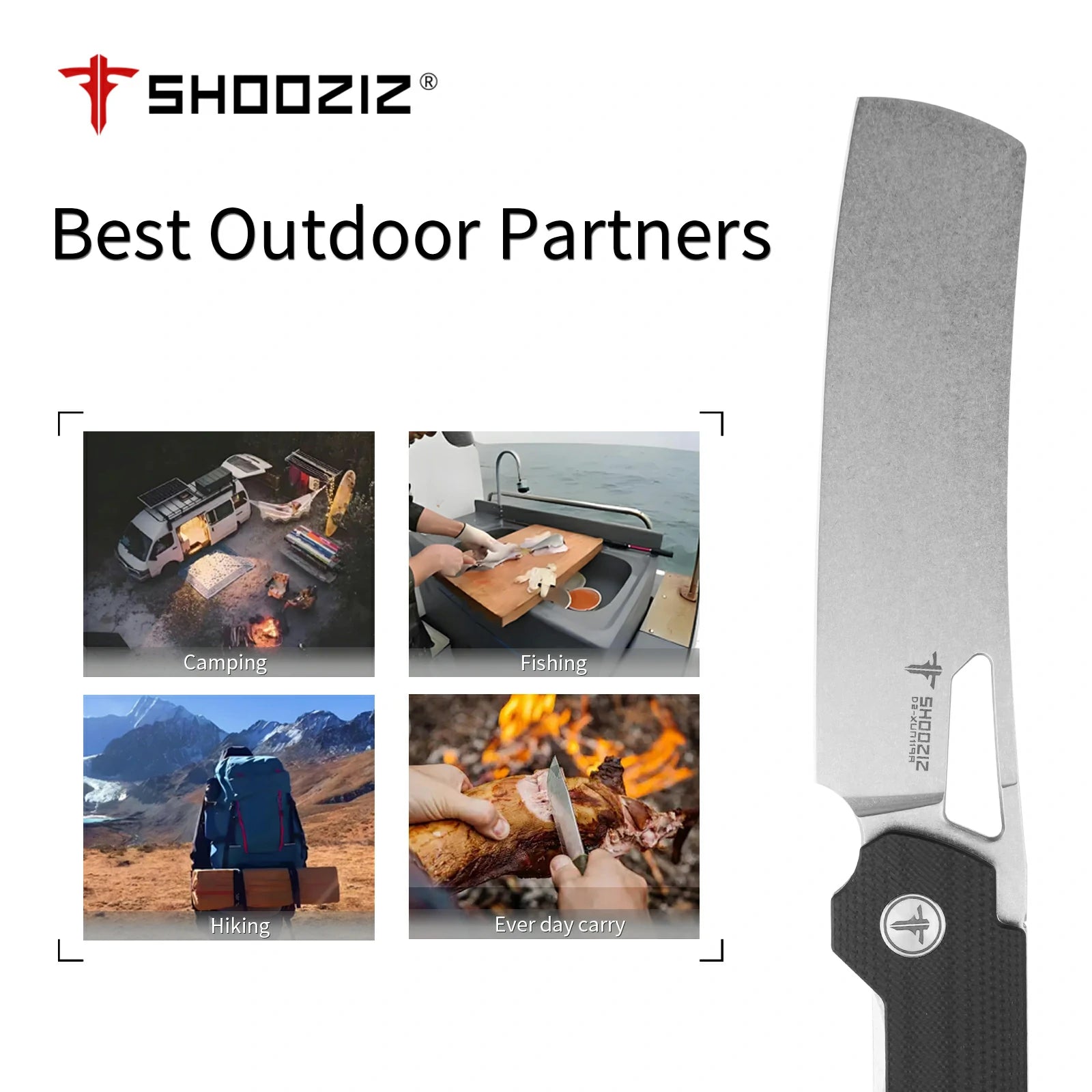 SHOOZIZ XUN119A-BGSt everyday carry knife, black G10 handle, stonewashed D2 blade, pocket clip, 59-61 HRC