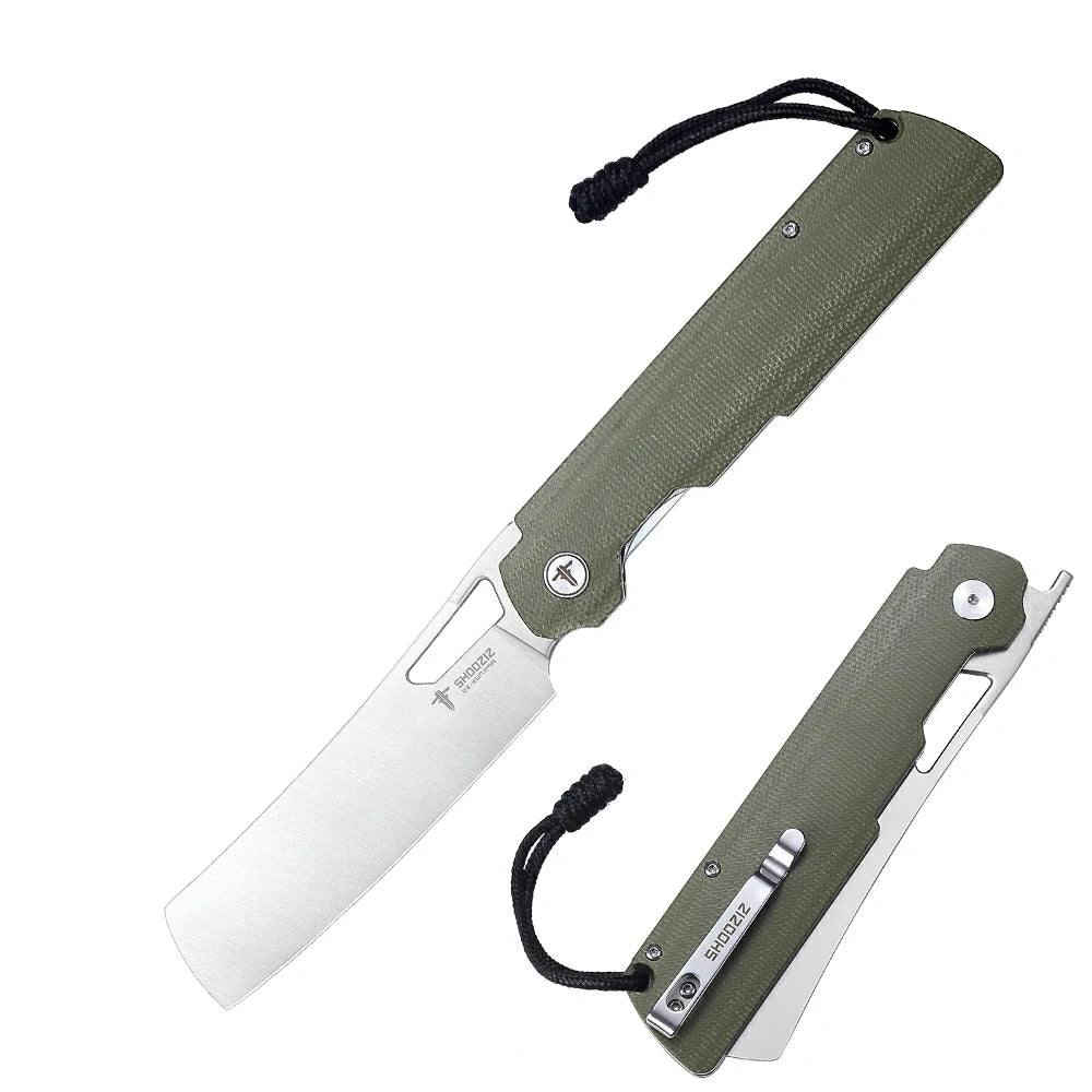 SHOOZIZ XUN119A-GMS EDC folding knife, D2 steel blade with satin finish, green Micarta handle, liner lock, 3.39 inch blade